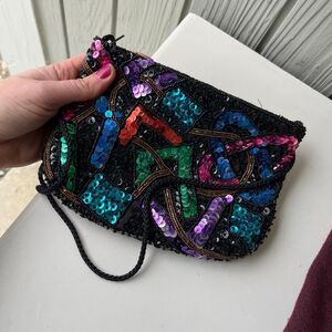 VTG 80s Beaded Sequin Crossbody Bag Black Multicolor Party Purse